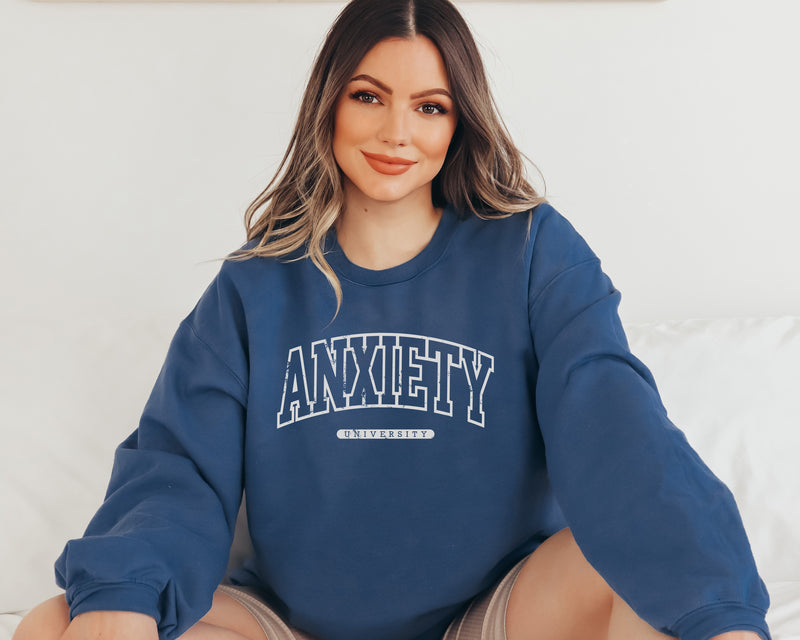 Anxiety University - Indigo Blue Fleece Pullover | White ink