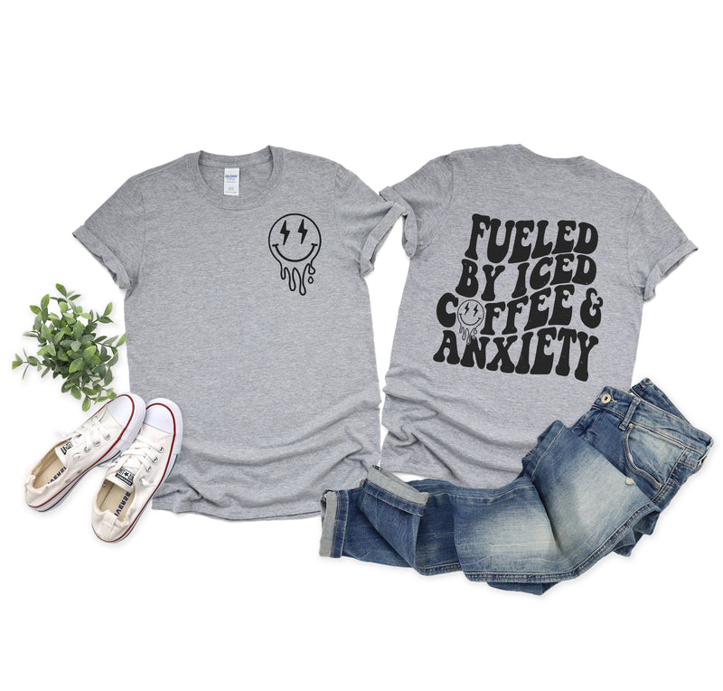 Fueled by Iced Coffee & Anxiety - Bella + Canvas Unisex Adult Tee | Black ink