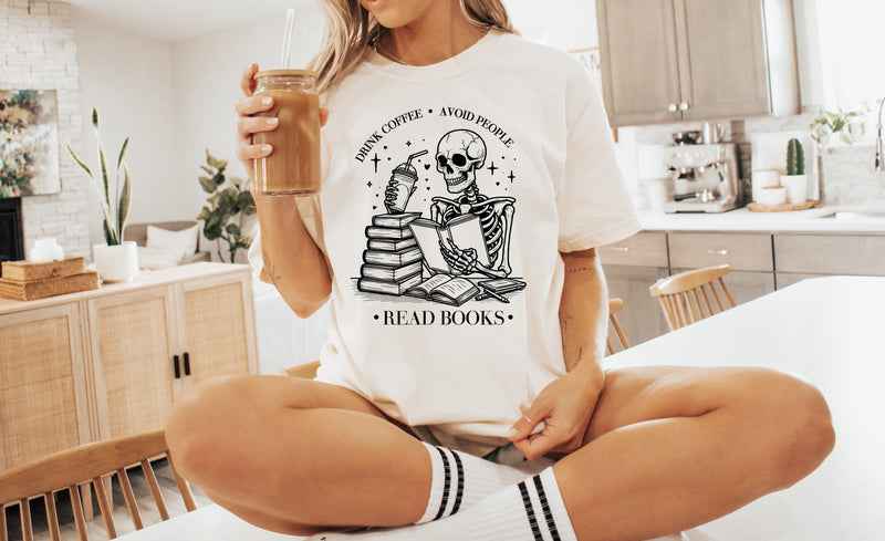 Drink Coffee Avoid People Read Books - Comfort Colors Adult Tee | Black ink