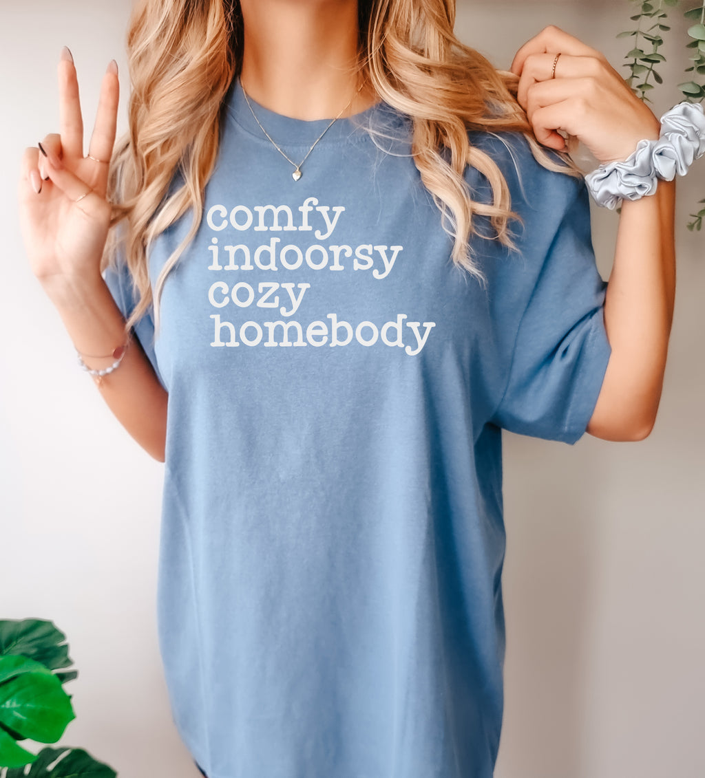 Comfy Indoorsy Cozy Homebody - Comfort Colors Adult Tee | White ink