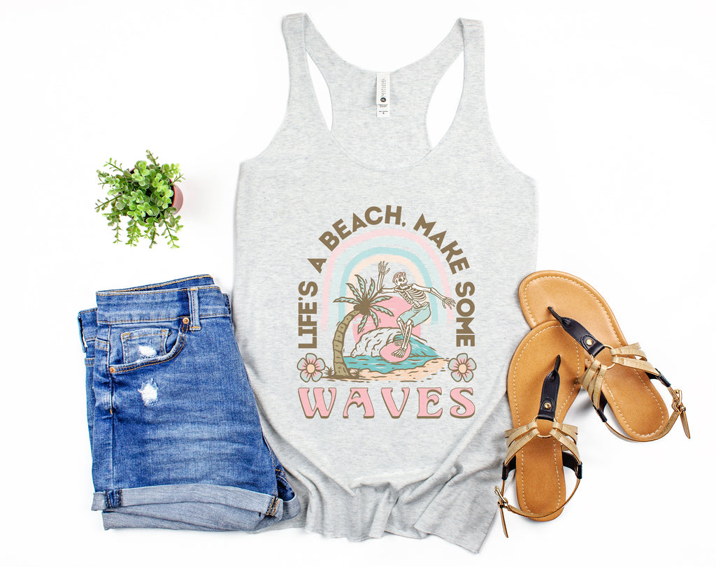 Life's a Beach Make Some Waves - Heather White Women's Racerback Tank