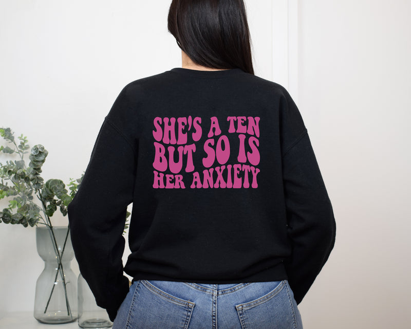 She's a Ten but so is her Anxiety - Black Unisex Fleece Pullover | Hot Pink