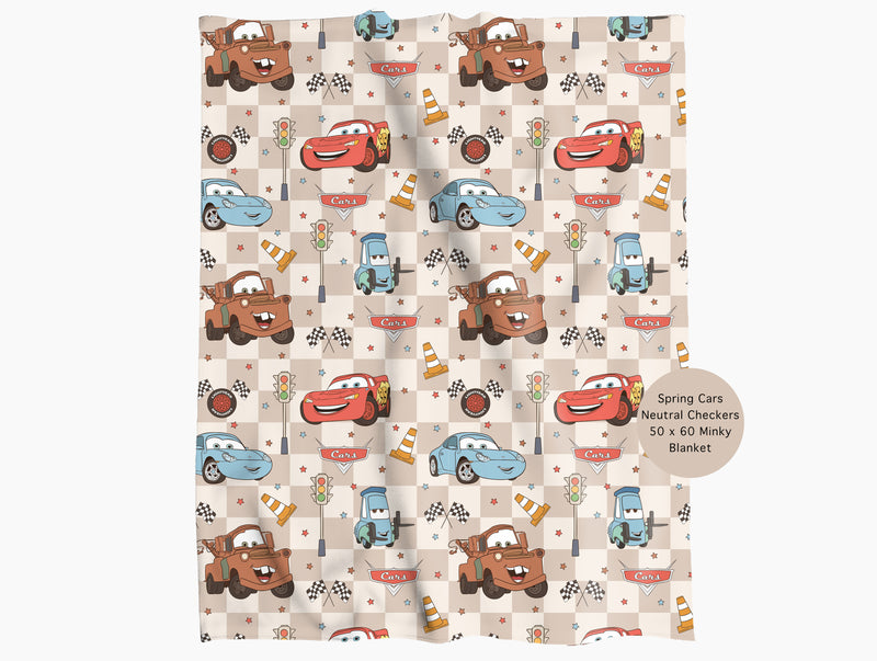 Spring Cars Neutral Checkers Minky Throw Blanket