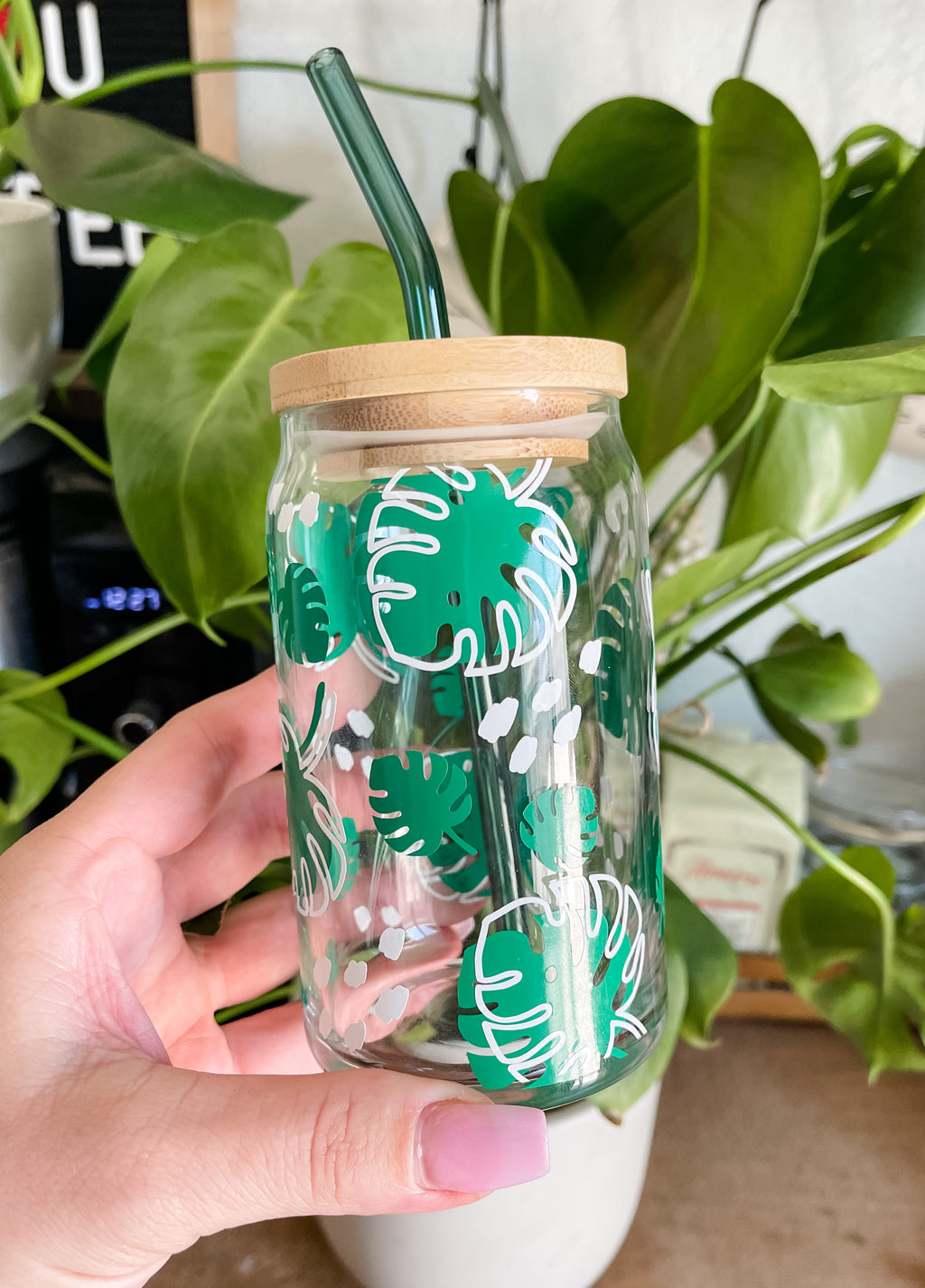 Monstera Plant - 16oz Beer Can Coffee Glass