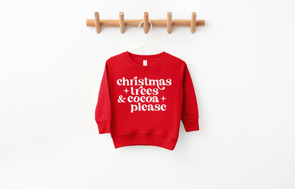 Christmas Trees & Cocoa Please retro Christmas boho christmas kids shirt toddler christmas holiday fleece sweatshirt 