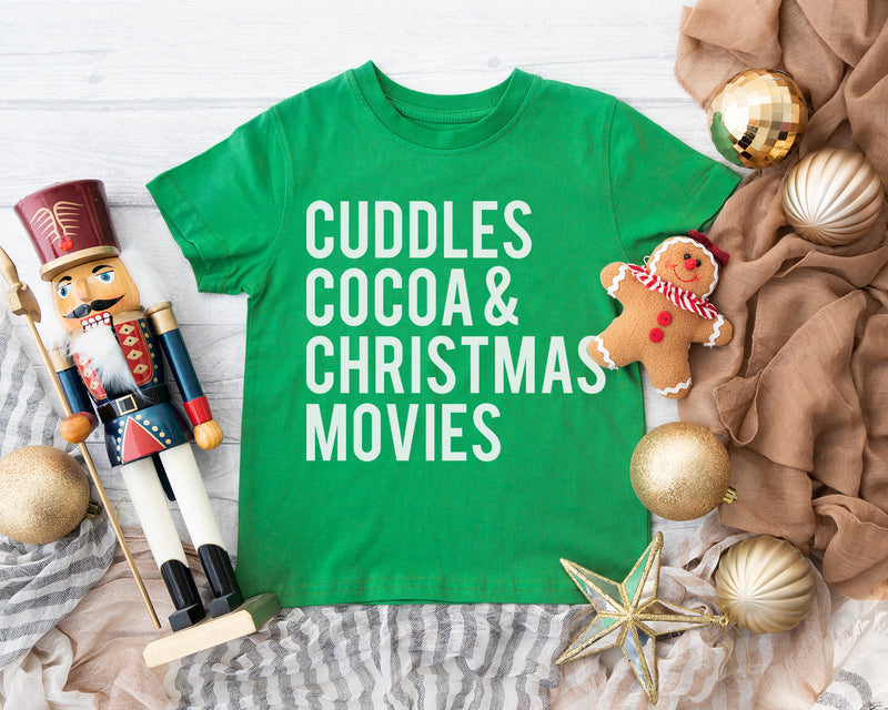 Cuddles Cocoa & Christmas Movies - Kids Holiday Tee | White ink