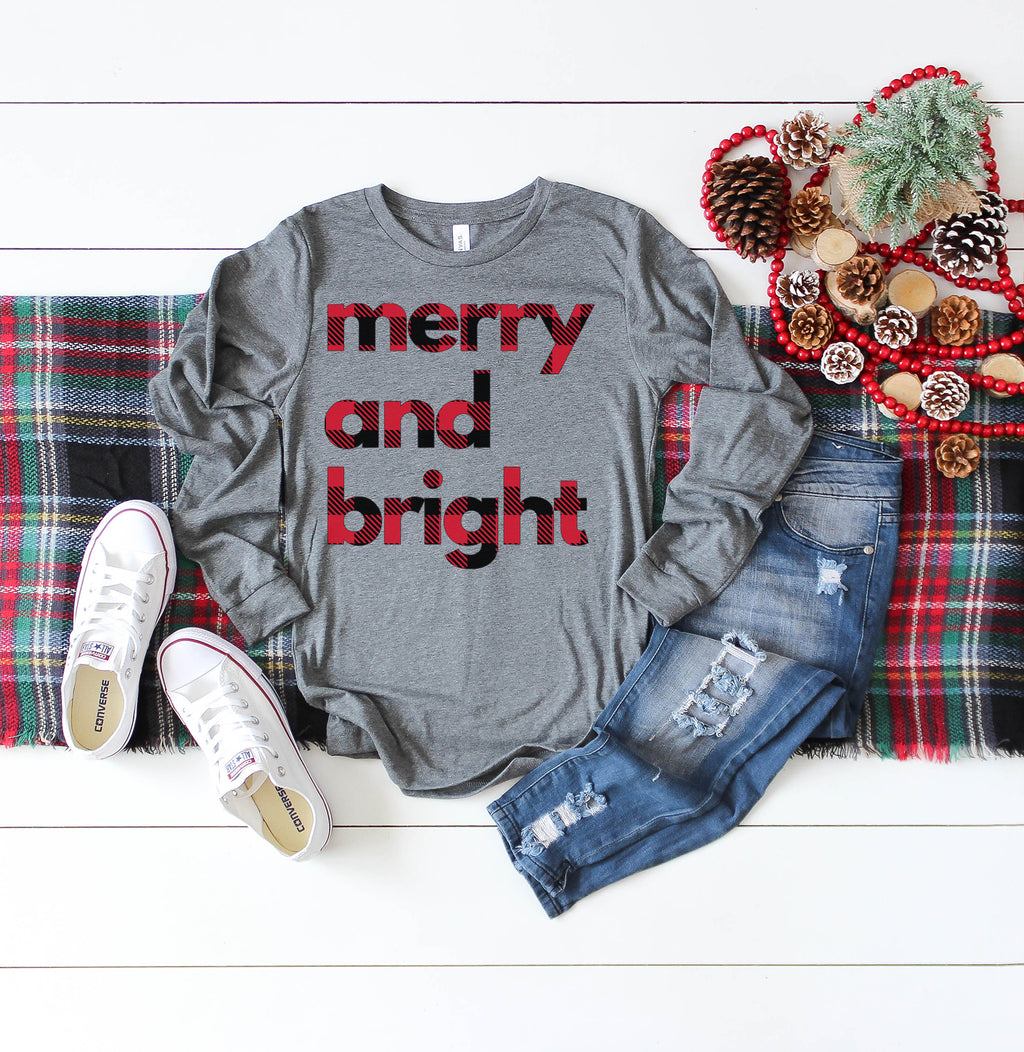 Merry and Bright - Deep Heather Grey Adult Long Sleeve | Buffalo Plaid