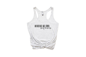 Minding My Small Business | Black ink - Heather White Women's Racerback Tank