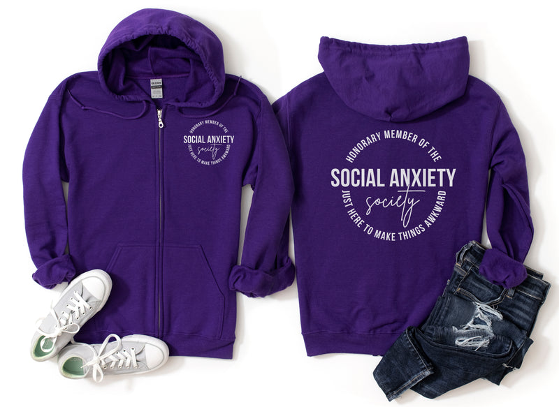 Social Anxiety Society | White ink - Purple Unisex Zip Up Hoodie