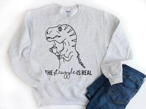 The Struggle is Real T-Rex - Ash Grey Unisex Fleece Pullover